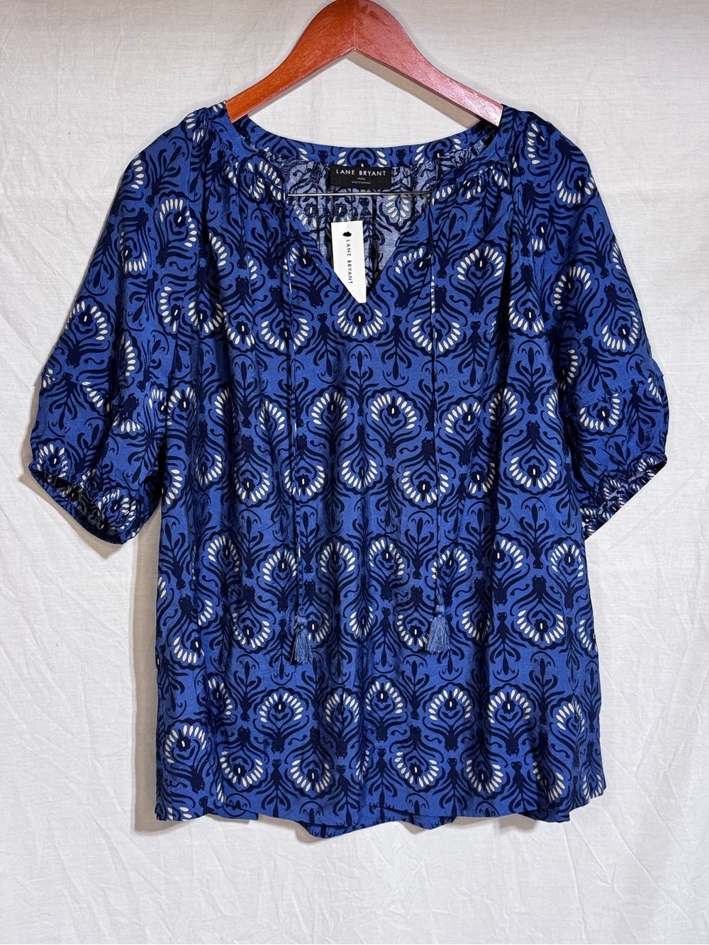 Lane Bryant Blue Printed V-Neck Peasant Blouse